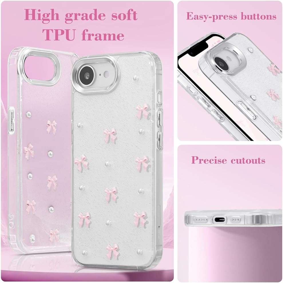 EYZUTAK Case for iPhone 17e/iPhone 16e, Bling Glitter 3D Bowknot Phone Case Cute Sparkly Crystal Clear Bow Aesthetic Design Cover Slim Soft Durable TPU Transparent Protective Cover for Women-Pink Bow - Image 4