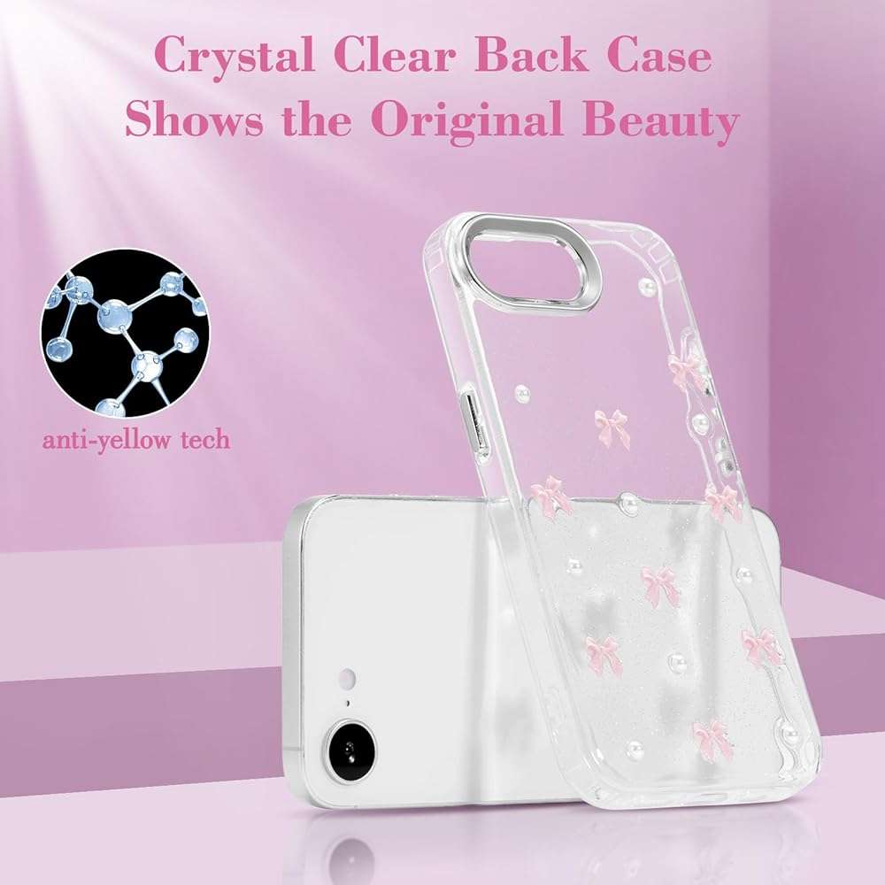 EYZUTAK Case for iPhone 17e/iPhone 16e, Bling Glitter 3D Bowknot Phone Case Cute Sparkly Crystal Clear Bow Aesthetic Design Cover Slim Soft Durable TPU Transparent Protective Cover for Women-Pink Bow - Image 5