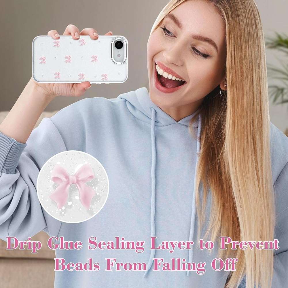 EYZUTAK Case for iPhone 17e/iPhone 16e, Bling Glitter 3D Bowknot Phone Case Cute Sparkly Crystal Clear Bow Aesthetic Design Cover Slim Soft Durable TPU Transparent Protective Cover for Women-Pink Bow - Image 6