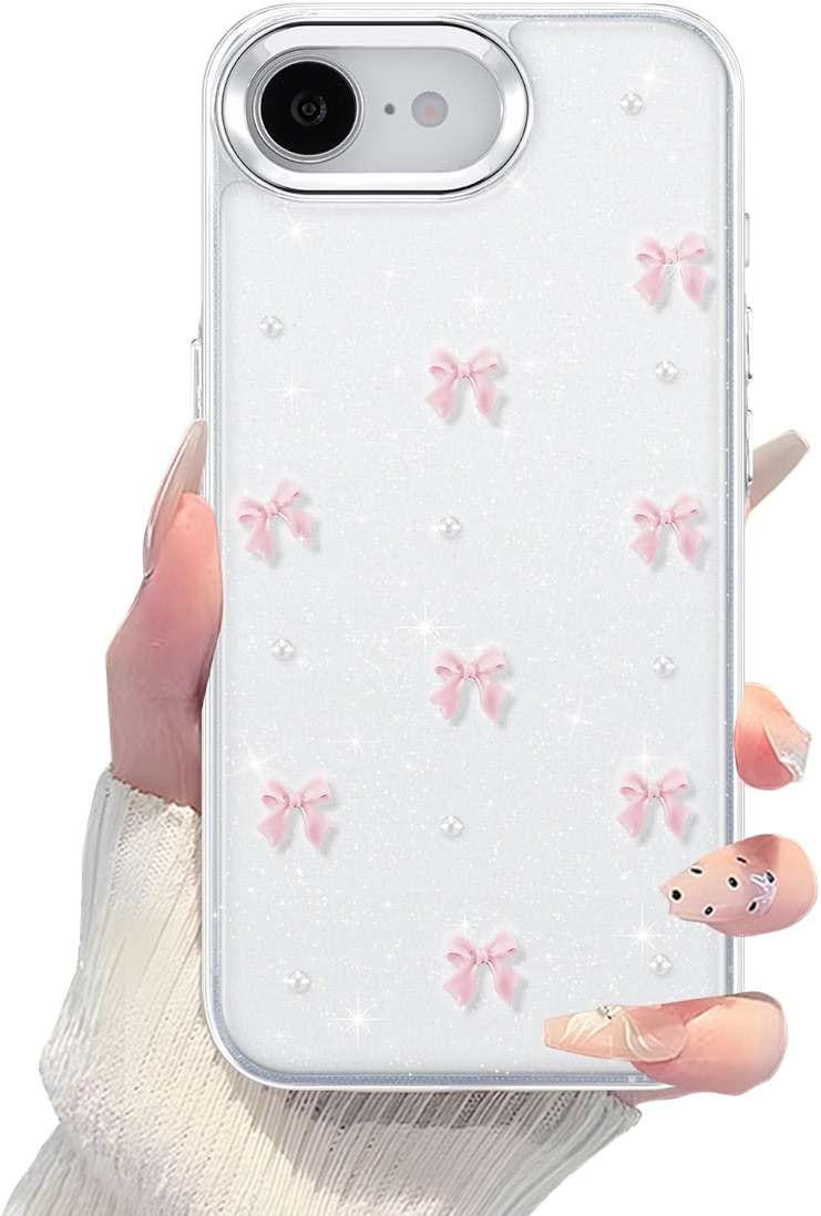 EYZUTAK Case for iPhone 17e/iPhone 16e, Bling Glitter 3D Bowknot Phone Case Cute Sparkly Crystal Clear Bow Aesthetic Design Cover Slim Soft Durable TPU Transparent Protective Cover for Women-Pink Bow - Image 8