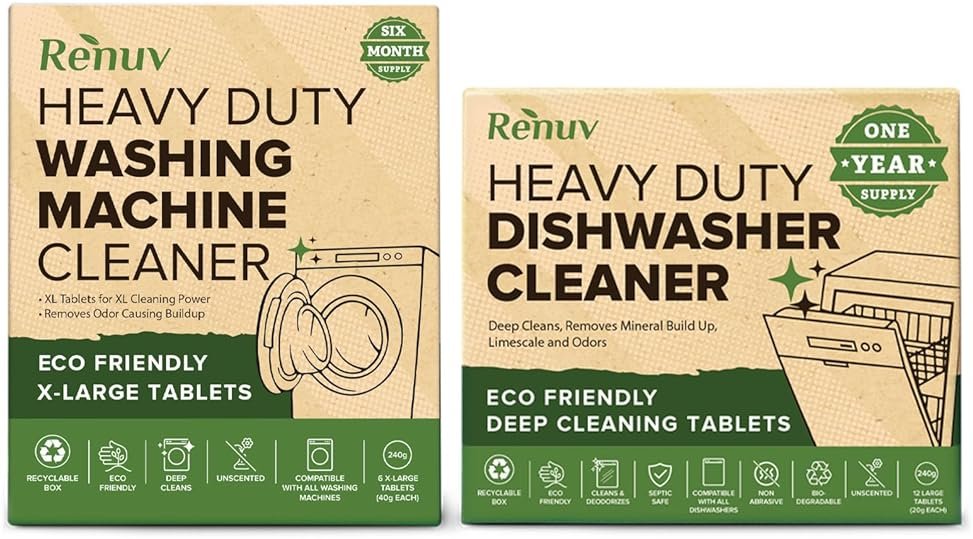 Renuv® Washing Machine Cleaner + Dishwasher Cleaner Bundle - Heavy Duty Appliance Deep Cleaning, Descaling and Deodorizing - Product Image