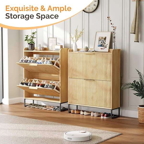 VINGLI Fluted Shoe Cabinet Storage for Entryway,Hidden Shoes Storage Cabinet with 2 Flip Drawers, Mid Century Modern Shoe Rack Organizer,Free Standing Shoes Organizer for Hallway(Natural Oak) - Image 3