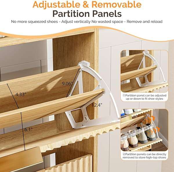 VINGLI Fluted Shoe Cabinet Storage for Entryway,Hidden Shoes Storage Cabinet with 2 Flip Drawers, Mid Century Modern Shoe Rack Organizer,Free Standing Shoes Organizer for Hallway(Natural Oak) - Image 5