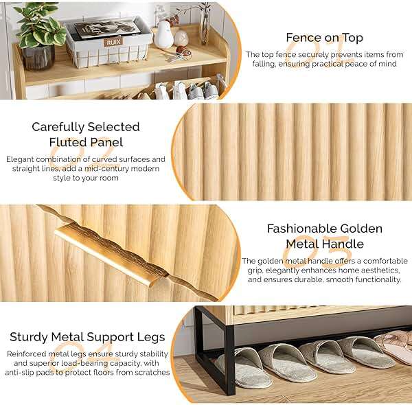 VINGLI Fluted Shoe Cabinet Storage for Entryway,Hidden Shoes Storage Cabinet with 2 Flip Drawers, Mid Century Modern Shoe Rack Organizer,Free Standing Shoes Organizer for Hallway(Natural Oak) - Image 6