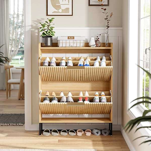 VINGLI Fluted Shoe Cabinet Storage for Entryway,Hidden Shoes Storage Cabinet with 2 Flip Drawers, Mid Century Modern Shoe Rack Organizer,Free Standing Shoes Organizer for Hallway(Natural Oak) - Image 7