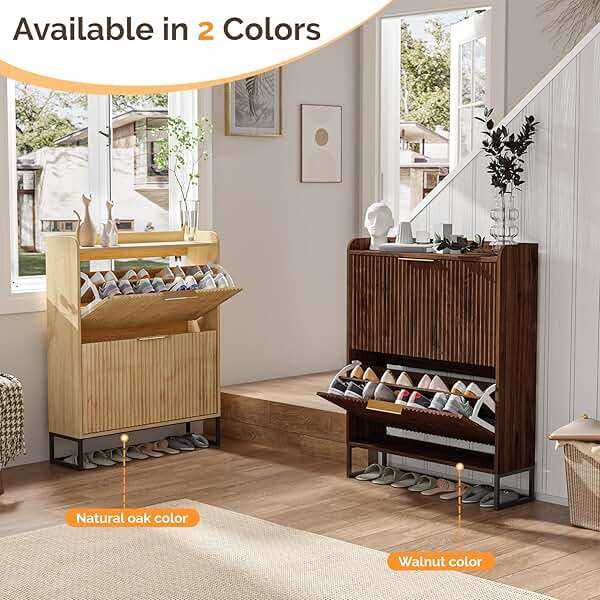 VINGLI Fluted Shoe Cabinet Storage for Entryway,Hidden Shoes Storage Cabinet with 2 Flip Drawers, Mid Century Modern Shoe Rack Organizer,Free Standing Shoes Organizer for Hallway(Natural Oak) - Image 8