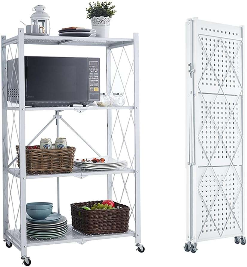 Foldable Storage Shelves with Wheels, Folding Shelving Units Storage, Heavy Duty Metal Collapsible Shelf No Assembly, Large Capacity Pop-Up Organizer for Garage,Kitchen,Living Room, 4-Tier White - Image 1