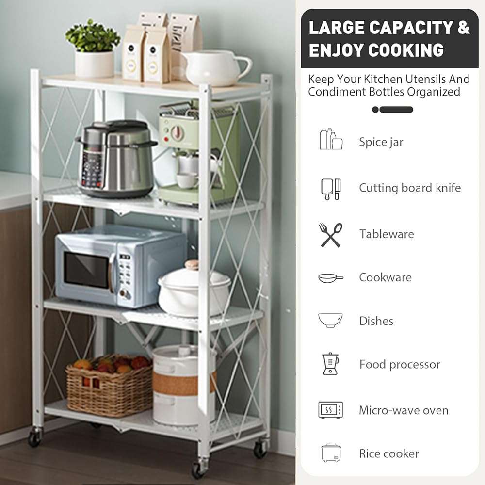 Foldable Storage Shelves with Wheels, Folding Shelving Units Storage, Heavy Duty Metal Collapsible Shelf No Assembly, Large Capacity Pop-Up Organizer for Garage,Kitchen,Living Room, 4-Tier White - Image 3