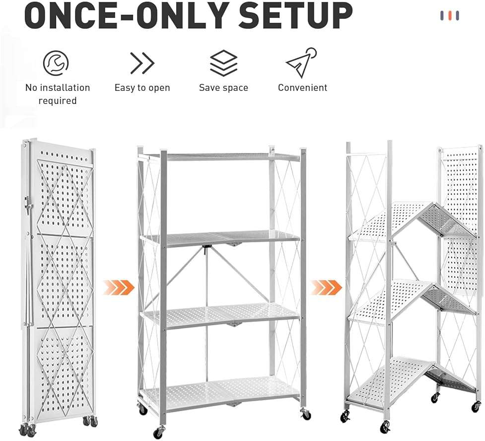 Foldable Storage Shelves with Wheels, Folding Shelving Units Storage, Heavy Duty Metal Collapsible Shelf No Assembly, Large Capacity Pop-Up Organizer for Garage,Kitchen,Living Room, 4-Tier White - Image 6