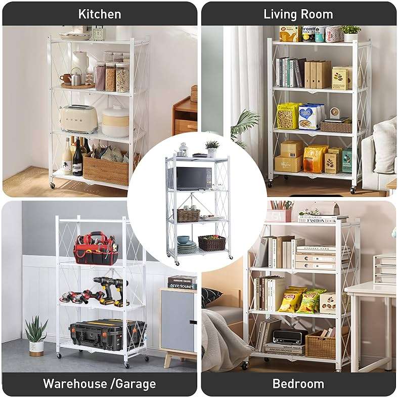 Foldable Storage Shelves with Wheels, Folding Shelving Units Storage, Heavy Duty Metal Collapsible Shelf No Assembly, Large Capacity Pop-Up Organizer for Garage,Kitchen,Living Room, 4-Tier White - Image 7