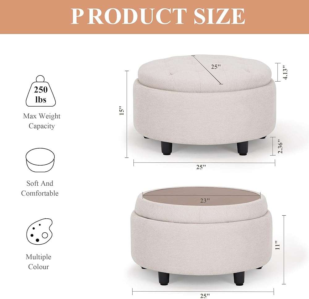 COLAMY Fabric Round Storage Ottoman with Reversible Tray Lid – Multi-Functional Footrest, Hidden Storage, Sturdy & Stylish Small Coffee Table for Living Room, Bedroom, or Entryway(Beige) - Image 2