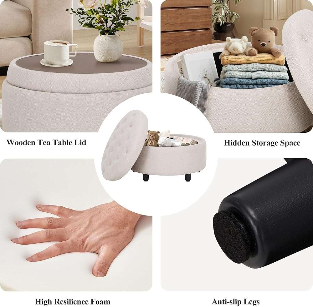 COLAMY Fabric Round Storage Ottoman with Reversible Tray Lid – Multi-Functional Footrest, Hidden Storage, Sturdy & Stylish Small Coffee Table for Living Room, Bedroom, or Entryway(Beige) - Image 4
