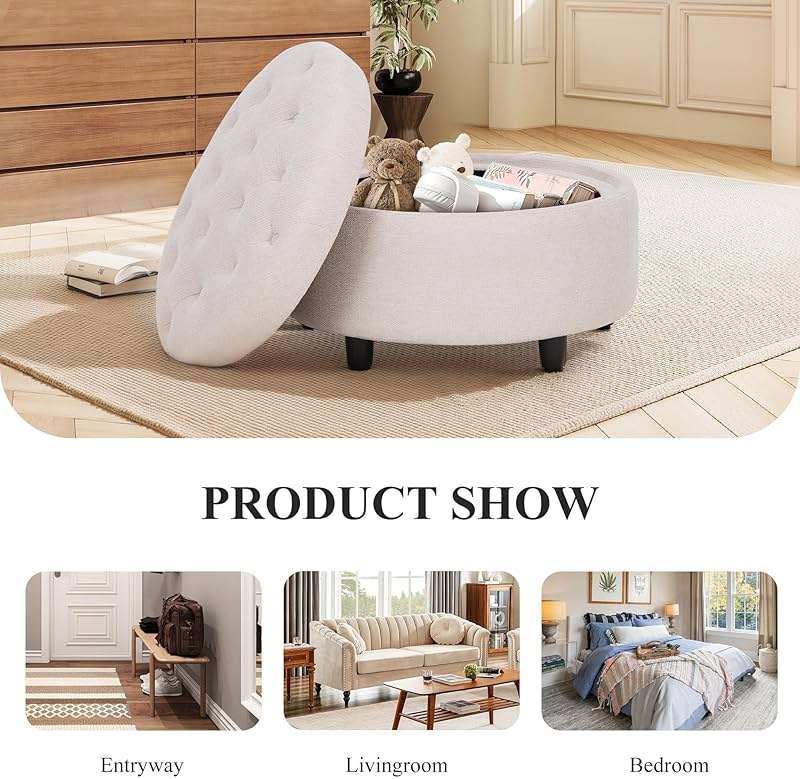 COLAMY Fabric Round Storage Ottoman with Reversible Tray Lid – Multi-Functional Footrest, Hidden Storage, Sturdy & Stylish Small Coffee Table for Living Room, Bedroom, or Entryway(Beige) - Image 5