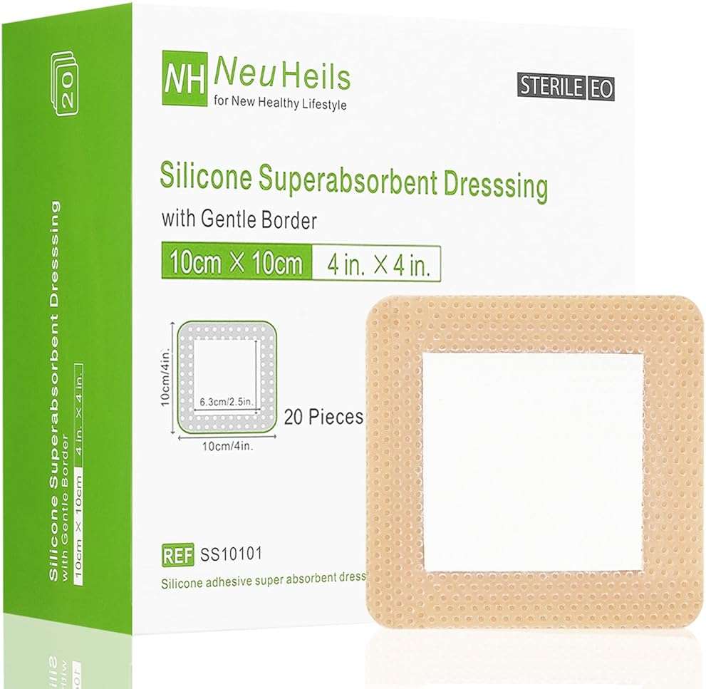 NeuHeils Silicone Super Absorbent Wound Dressing 4''x4'' 20 Packs, Self-Adhesive Waterproof Bandage with Ultrasorb Pad for Heavy Exudates Wound, Soft Gauze Island Dressing - Image 1
