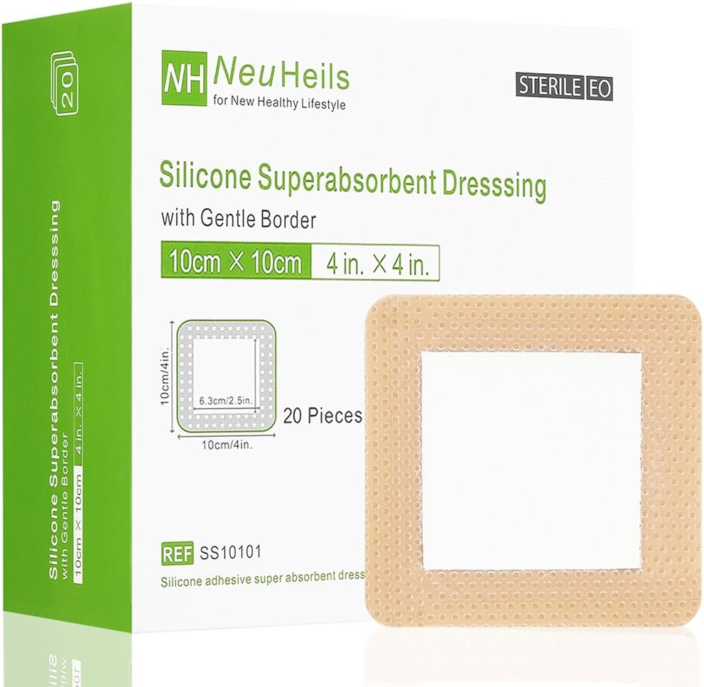 NeuHeils Silicone Super Absorbent Wound Dressing 4''x4'' 20 Packs, Self-Adhesive Waterproof Bandage with Ultrasorb Pad for Heavy Exudates Wound, Soft Gauze Island Dressing - Product Image