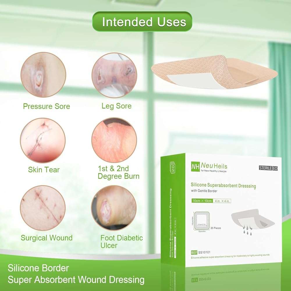 NeuHeils Silicone Super Absorbent Wound Dressing 4''x4'' 20 Packs, Self-Adhesive Waterproof Bandage with Ultrasorb Pad for Heavy Exudates Wound, Soft Gauze Island Dressing - Image 2