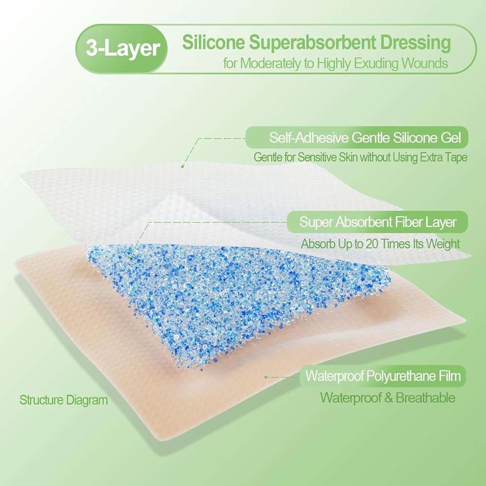 NeuHeils Silicone Super Absorbent Wound Dressing 4''x4'' 20 Packs, Self-Adhesive Waterproof Bandage with Ultrasorb Pad for Heavy Exudates Wound, Soft Gauze Island Dressing - Image 9