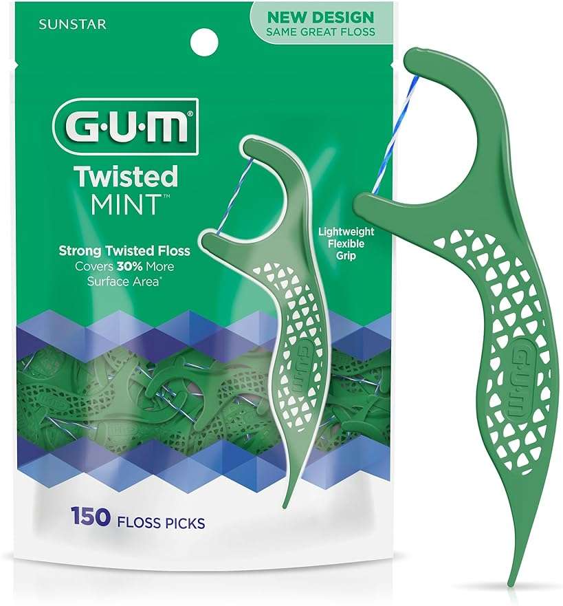 GUM Twisted Mint Dental Floss Picks, Twisted Threads with Shred-Resistant Floss & Easy-Grip Handle, Mint Flavor, 150 Count - Image 1