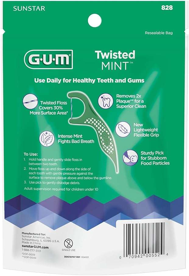 GUM Twisted Mint Dental Floss Picks, Twisted Threads with Shred-Resistant Floss & Easy-Grip Handle, Mint Flavor, 150 Count - Image 2