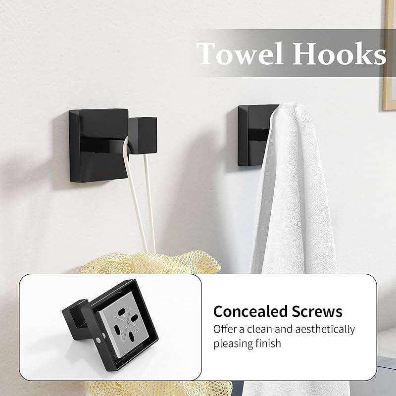 STWWO Matte Black Bathroom Accessories Hardware Set 5-Piece, Stainless Steel Towel Racks for Bathroom, 16 Inch Bath Towel Bar Set Wall Mounted - Image 5