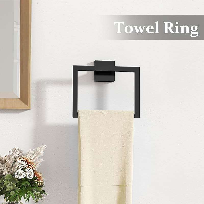 STWWO Matte Black Bathroom Accessories Hardware Set 5-Piece, Stainless Steel Towel Racks for Bathroom, 16 Inch Bath Towel Bar Set Wall Mounted - Image 6