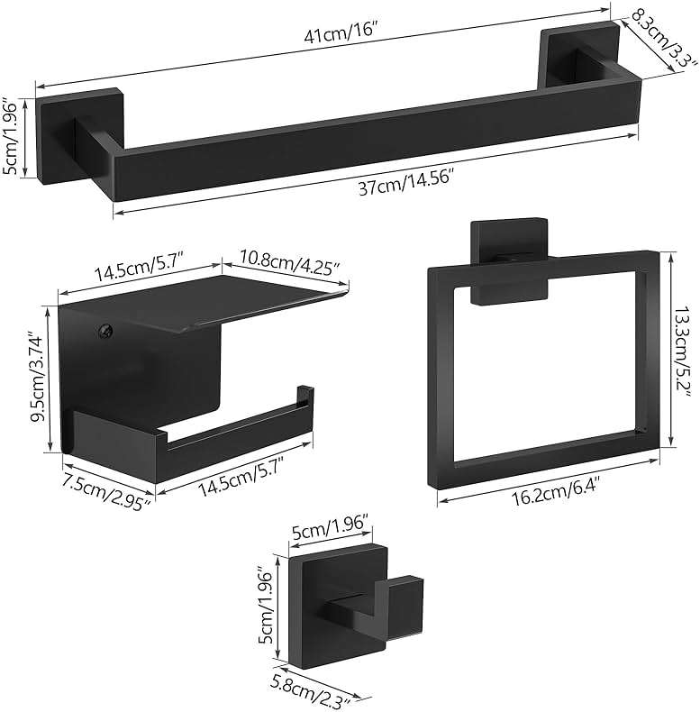 STWWO Matte Black Bathroom Accessories Hardware Set 5-Piece, Stainless Steel Towel Racks for Bathroom, 16 Inch Bath Towel Bar Set Wall Mounted - Image 7