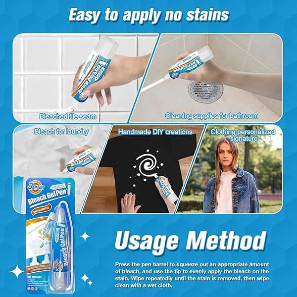 Bleach Pen for Clothes & Grout, 4 in 1 Dual-Tip Stain Remover Gel Pen with Precision Tip & Brush Head, Portable Travel-Size Cleaner for White Laundry, Bathroom Tile Lines, Mold & Mildew, Lemon Scent - Image 6