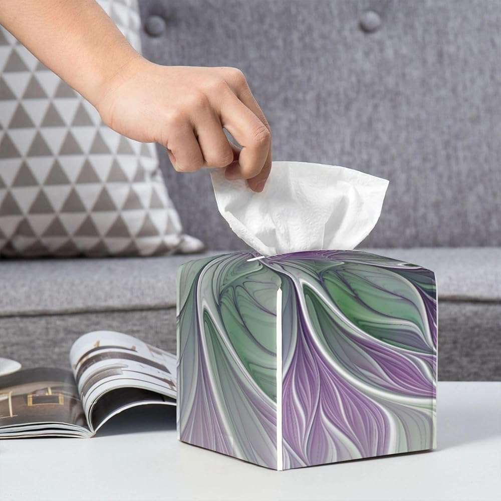 Flower Dream, Abstract Purple Green Fractal Art Luxury Leather Tissue Box with Elegant Tissue Lid and Sophisticated Office Decoration - Image 2