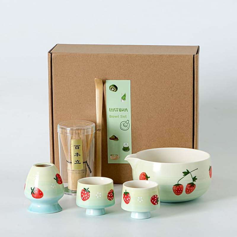 Matcha Whisk Set, Cute Strawberry Matcha Bowl Set with 2 Cups, Bamboo Whisk, Scoop & Holder, Matcha Kit Gift for Tea Lovers and Tea Ceremony, Birthday, Anniversary - Image 1