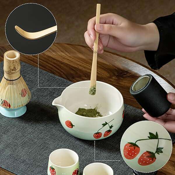 Matcha Whisk Set, Cute Strawberry Matcha Bowl Set with 2 Cups, Bamboo Whisk, Scoop & Holder, Matcha Kit Gift for Tea Lovers and Tea Ceremony, Birthday, Anniversary - Image 4