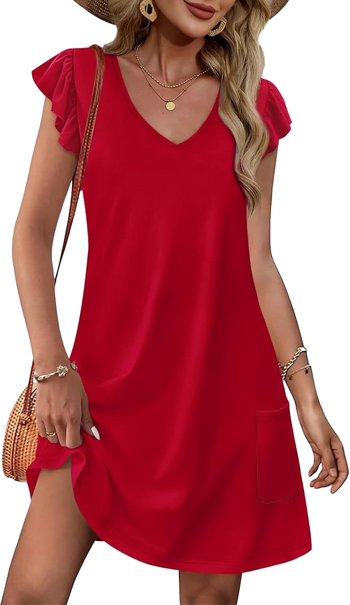 OFEEFAN Womens Summer Dresses 2026 Ruffle Sleeve V Neck Loose Swing Sundresses with Pockets Plain/Print - Product Image