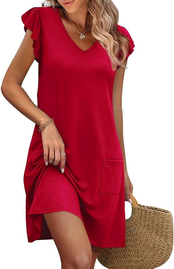 OFEEFAN Womens Summer Dresses 2026 Ruffle Sleeve V Neck Loose Swing Sundresses with Pockets Plain/Print - Image 2