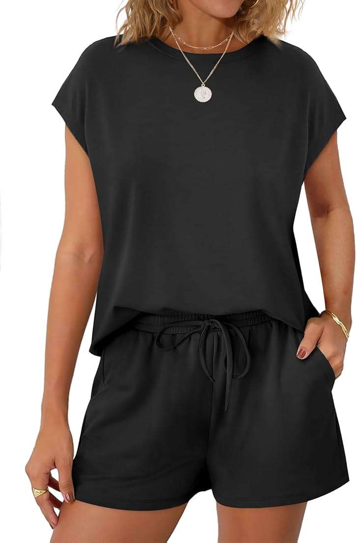 WIHOLL Two Piece Sets for Women Summer Crew Neck Lounge Short Sets Cap Sleeve Drawstring Sweatsuit with Pocket - Image 2
