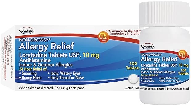 Camber Loratadine 10mg Allergy Pills, Antihistamine 24 Hour, Non Drowsy Allergy Relief (100 Tablets) - Product Image