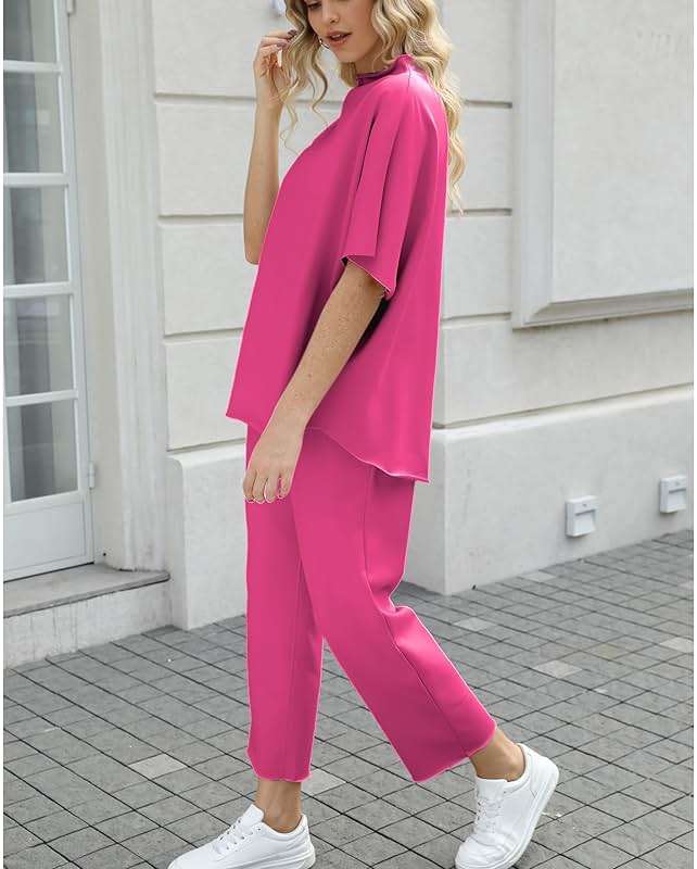 SeeLuNa Women's Two Piece Outfits 3/4 Batwing Sleeve Capelet Crew Neck Pullover Top Wide Leg Pants Lounge Set - Image 3