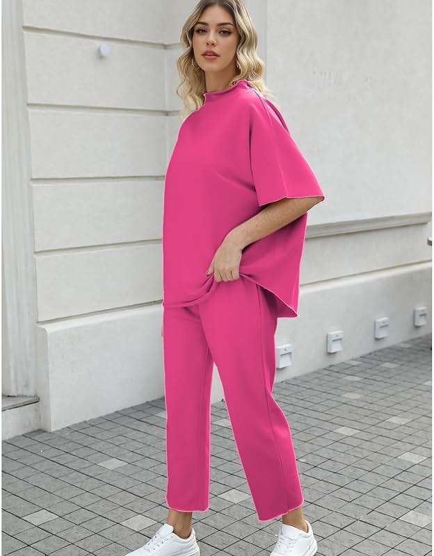 SeeLuNa Women's Two Piece Outfits 3/4 Batwing Sleeve Capelet Crew Neck Pullover Top Wide Leg Pants Lounge Set - Image 4