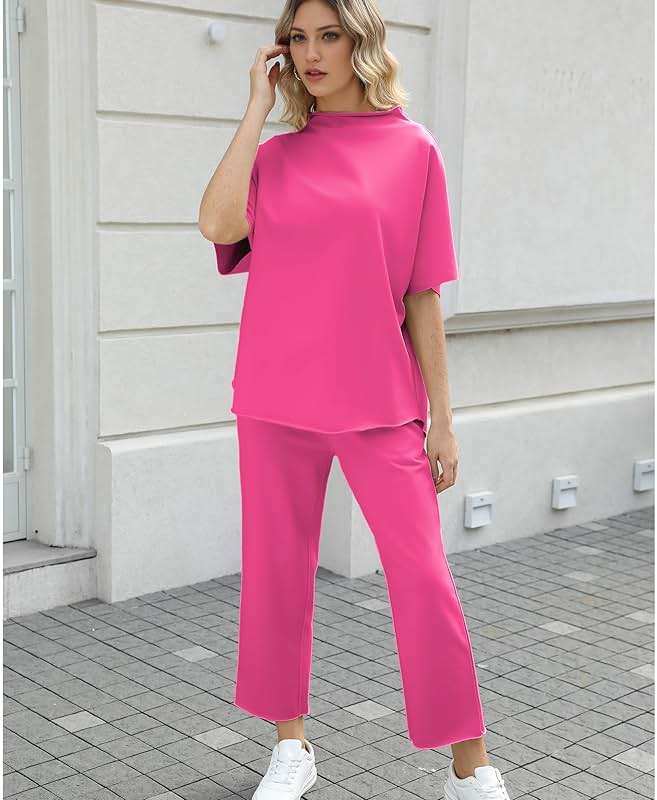 SeeLuNa Women's Two Piece Outfits 3/4 Batwing Sleeve Capelet Crew Neck Pullover Top Wide Leg Pants Lounge Set - Image 5