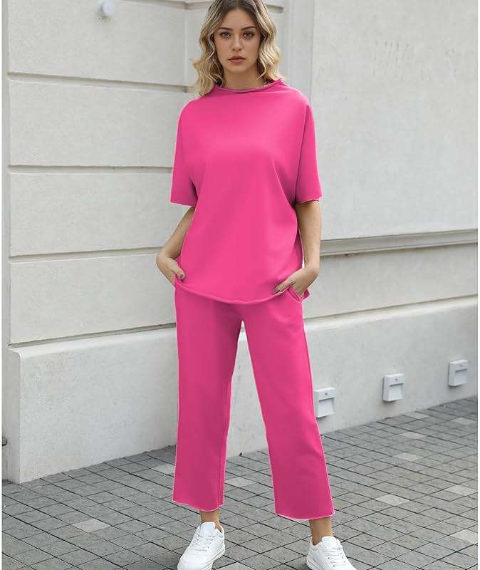 SeeLuNa Women's Two Piece Outfits 3/4 Batwing Sleeve Capelet Crew Neck Pullover Top Wide Leg Pants Lounge Set - Image 6