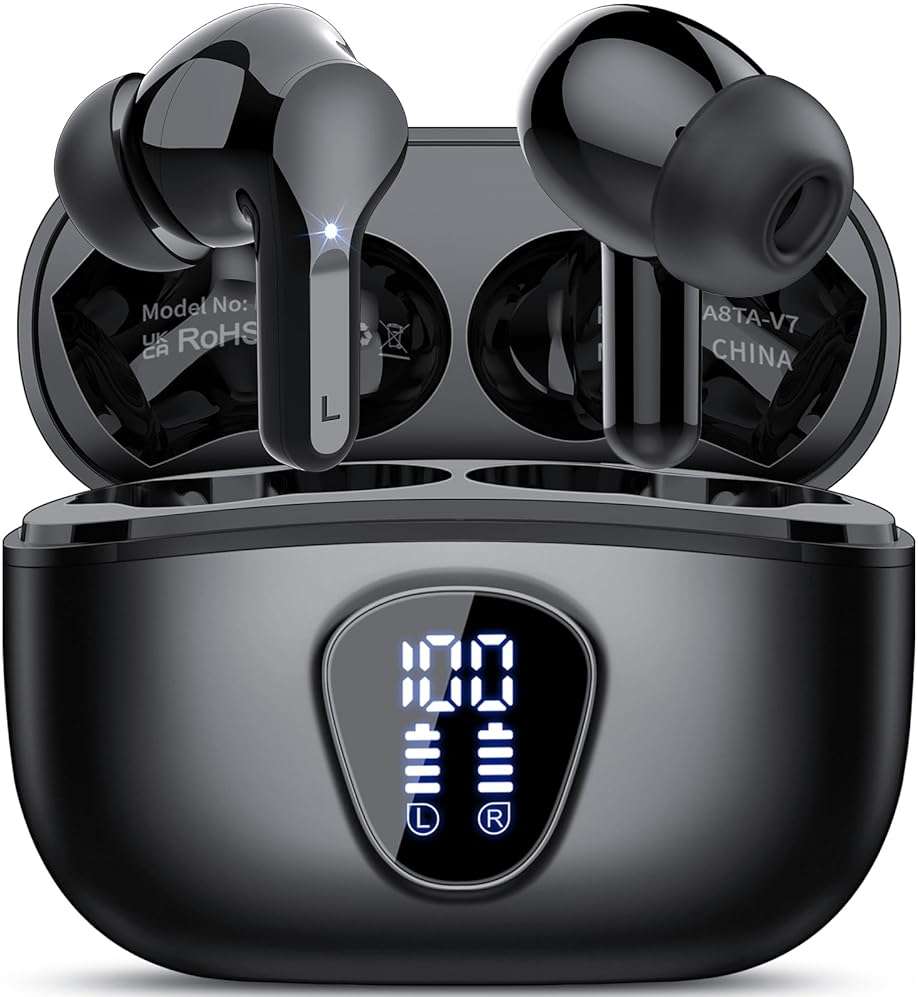 Wireless Earbuds, Bluetooth 5.4 Headphones HiFi Stereo, Bluetooth Earbuds with ENC Noise Cancelling Mic, IP7 Waterproof in Ear Earphones, 48H, LED Display Ear buds for Pad Workout Sports, Black - Image 1