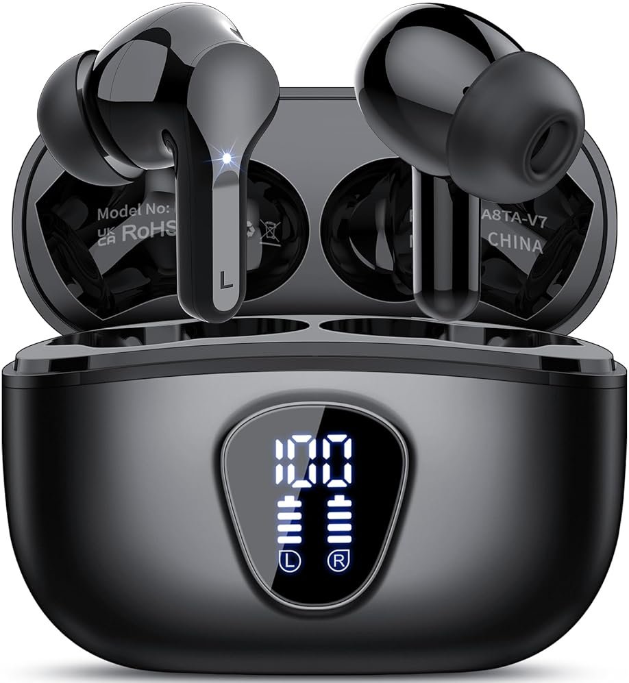 Wireless Earbuds, Bluetooth 5.4 Headphones HiFi Stereo, Bluetooth Earbuds with ENC Noise Cancelling Mic, IP7 Waterproof in Ear Earphones, 48H, LED Display Ear buds for Pad Workout Sports, Black - Product Image