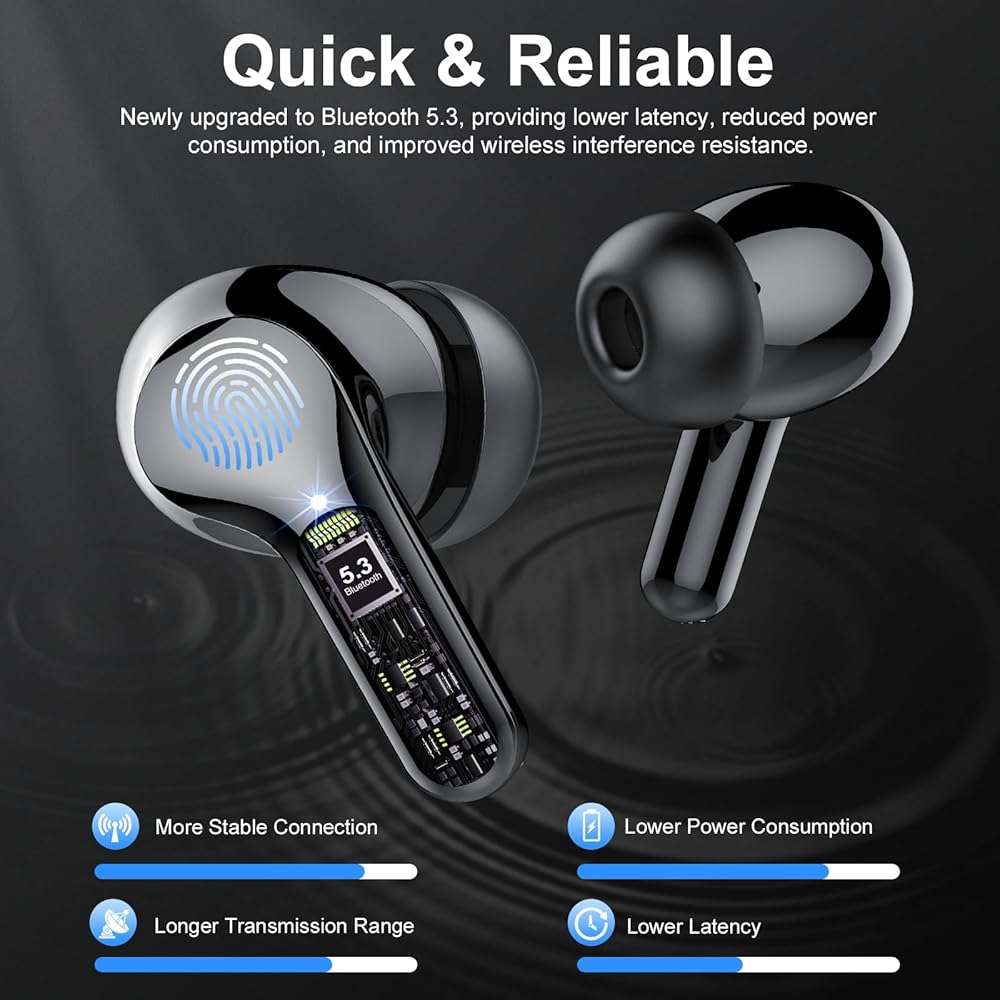 Wireless Earbuds, Bluetooth 5.4 Headphones HiFi Stereo, Bluetooth Earbuds with ENC Noise Cancelling Mic, IP7 Waterproof in Ear Earphones, 48H, LED Display Ear buds for Pad Workout Sports, Black - Image 2