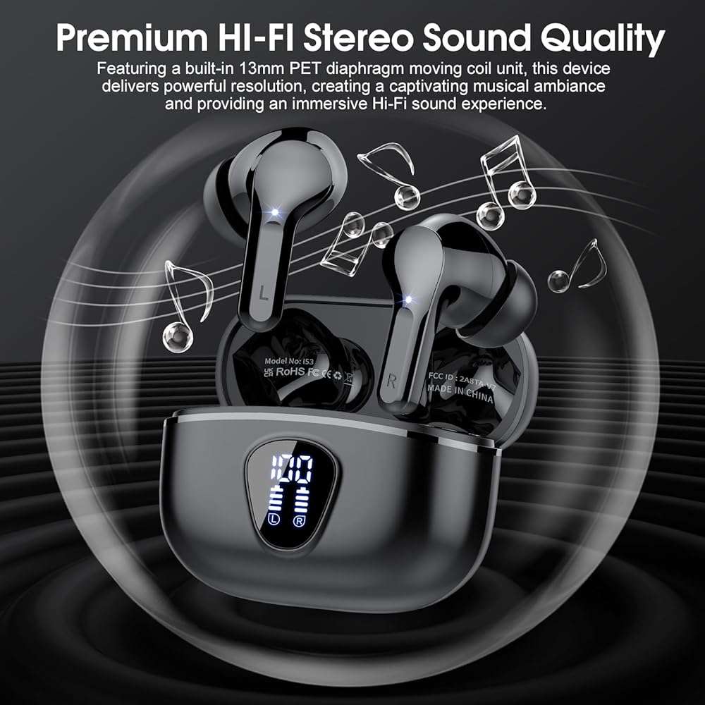 Wireless Earbuds, Bluetooth 5.4 Headphones HiFi Stereo, Bluetooth Earbuds with ENC Noise Cancelling Mic, IP7 Waterproof in Ear Earphones, 48H, LED Display Ear buds for Pad Workout Sports, Black - Image 4