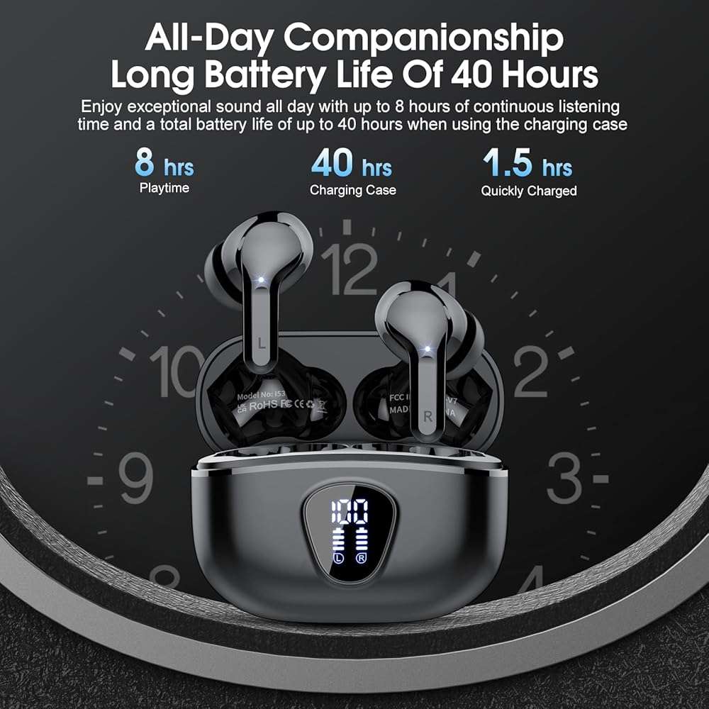 Wireless Earbuds, Bluetooth 5.4 Headphones HiFi Stereo, Bluetooth Earbuds with ENC Noise Cancelling Mic, IP7 Waterproof in Ear Earphones, 48H, LED Display Ear buds for Pad Workout Sports, Black - Image 5