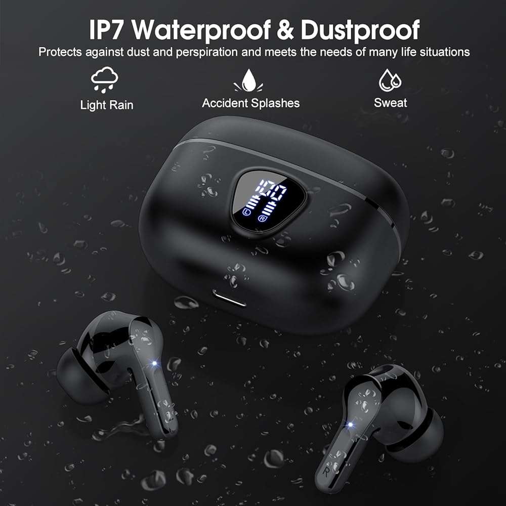 Wireless Earbuds, Bluetooth 5.4 Headphones HiFi Stereo, Bluetooth Earbuds with ENC Noise Cancelling Mic, IP7 Waterproof in Ear Earphones, 48H, LED Display Ear buds for Pad Workout Sports, Black - Image 7