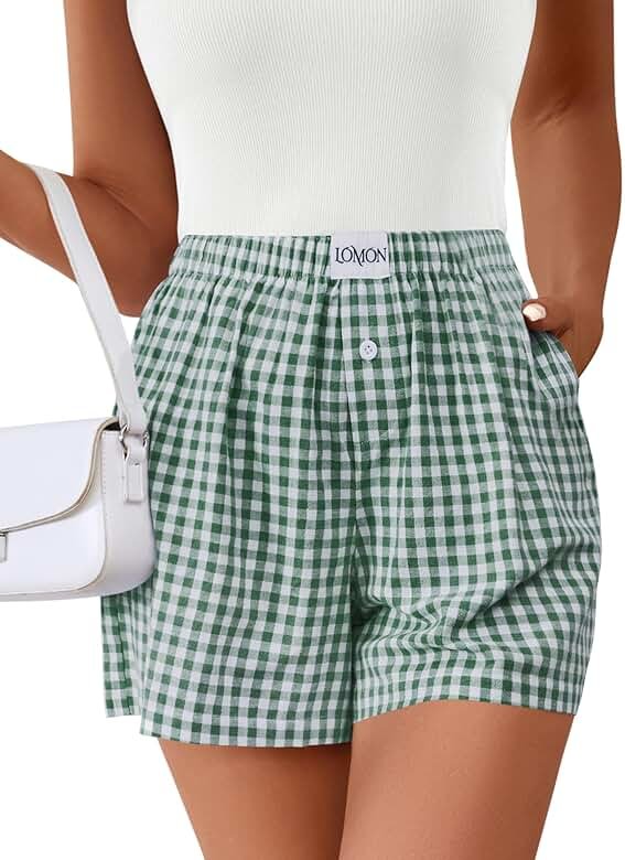 LOMON Boxer Shorts for Women Summer Gingham Pajamas 2026 Lounge Sleep Pj Plaid Shorts Y2K Beach Bottoms with Pockets - Product Image