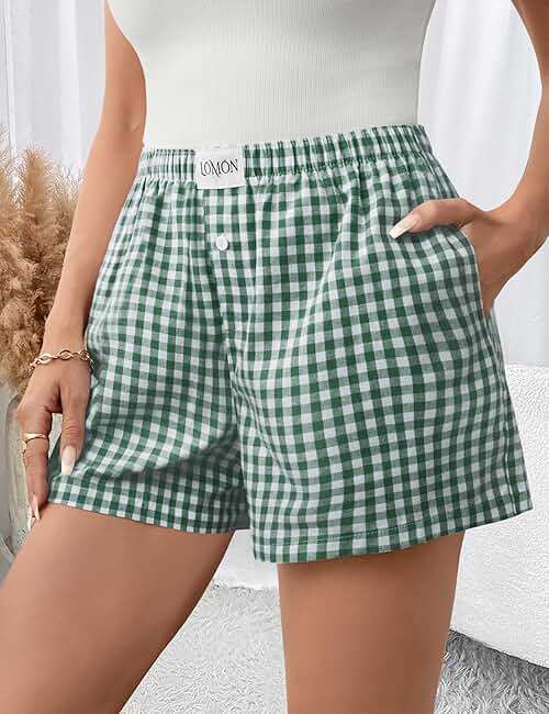 LOMON Boxer Shorts for Women Summer Gingham Pajamas 2026 Lounge Sleep Pj Plaid Shorts Y2K Beach Bottoms with Pockets - Image 2