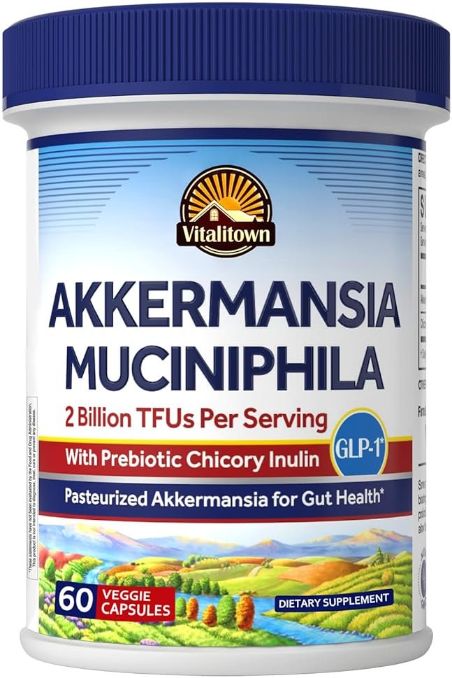 Vitalitown Akkermansia Probiotic GLP-1 with Chicory Inulin | 2 Billion TFU | Akkermansia Muciniphila Probiotics for Men & Women | Gut Health | Digestion | Non-GMO | 60 Veg Caps - Product Image