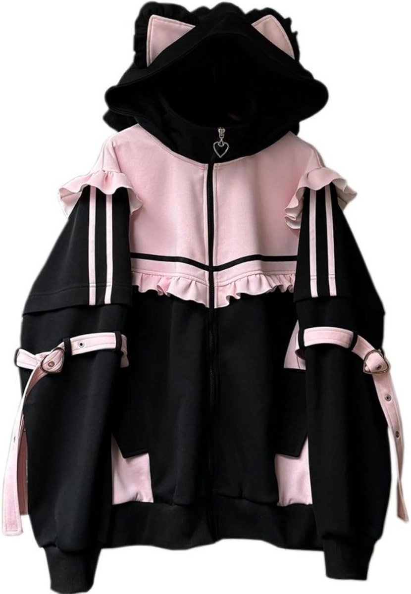 Wayolyn Zip Up Hoodie Tenshi Kawaii Hoodies Jirai Kei Fashion Oversized Cat Ears Gothic Top Cutecore Clothes - Product Image