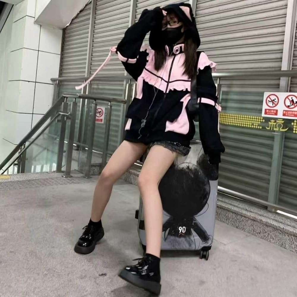 Wayolyn Zip Up Hoodie Tenshi Kawaii Hoodies Jirai Kei Fashion Oversized Cat Ears Gothic Top Cutecore Clothes - Image 4