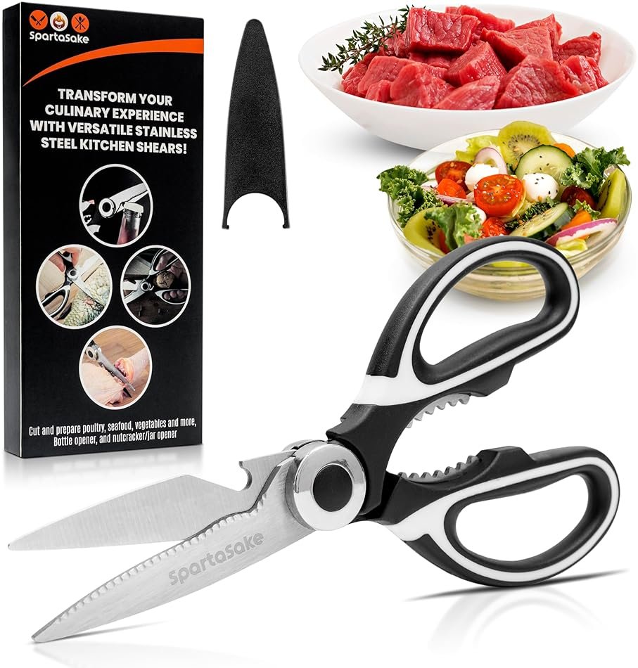 SpartaSake Premium Stainless Steel All Purpose Kitchen Shears with Sleeve - Heavy Duty Ultra Sharp kitchen Scissors for Food - Multipurpose Food Scissors for Meat Poultry Vegetable (Black-White) - Product Image